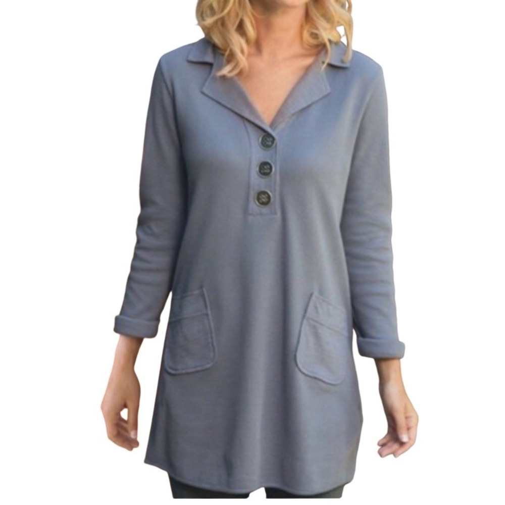 Soft Surroundings Take Two Waffle Knit Tunic Top M Medium Gray Pockets Cozy Boho